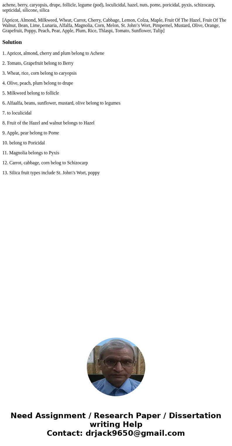 achene, berry, caryopsis, drupe, follicle, legume (pod), loculicidal, hazel, nuts, pome, poricidal, pyxis, schizocarp, septicidal, silicone, silica [Apricot, Al