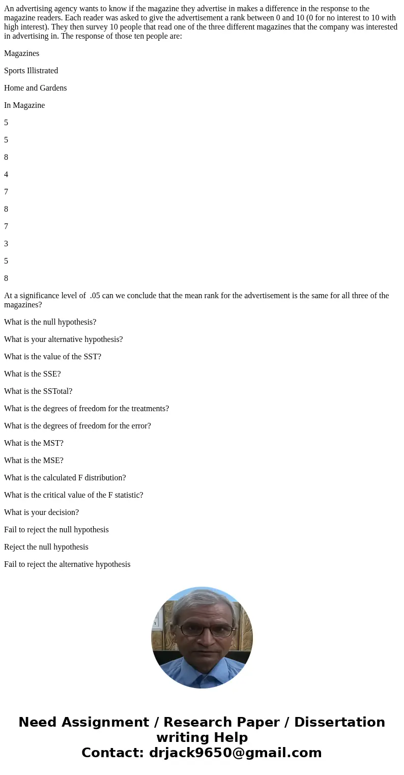 An advertising agency wants to know if the magazine they advertise in makes a difference in the response to the magazine readers. Each reader was asked to give 