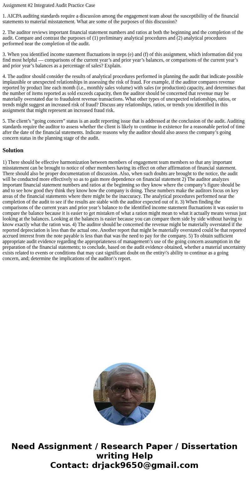 Assignment #2 Integrated Audit Practice Case 1. AICPA auditing standards require a discussion among the engagement team about the susceptibility of the financia Assignment #2 Integrated Audit Practice Case 1. AICPA auditing standards require a discussion among the engagement team about the susceptibility of the financia