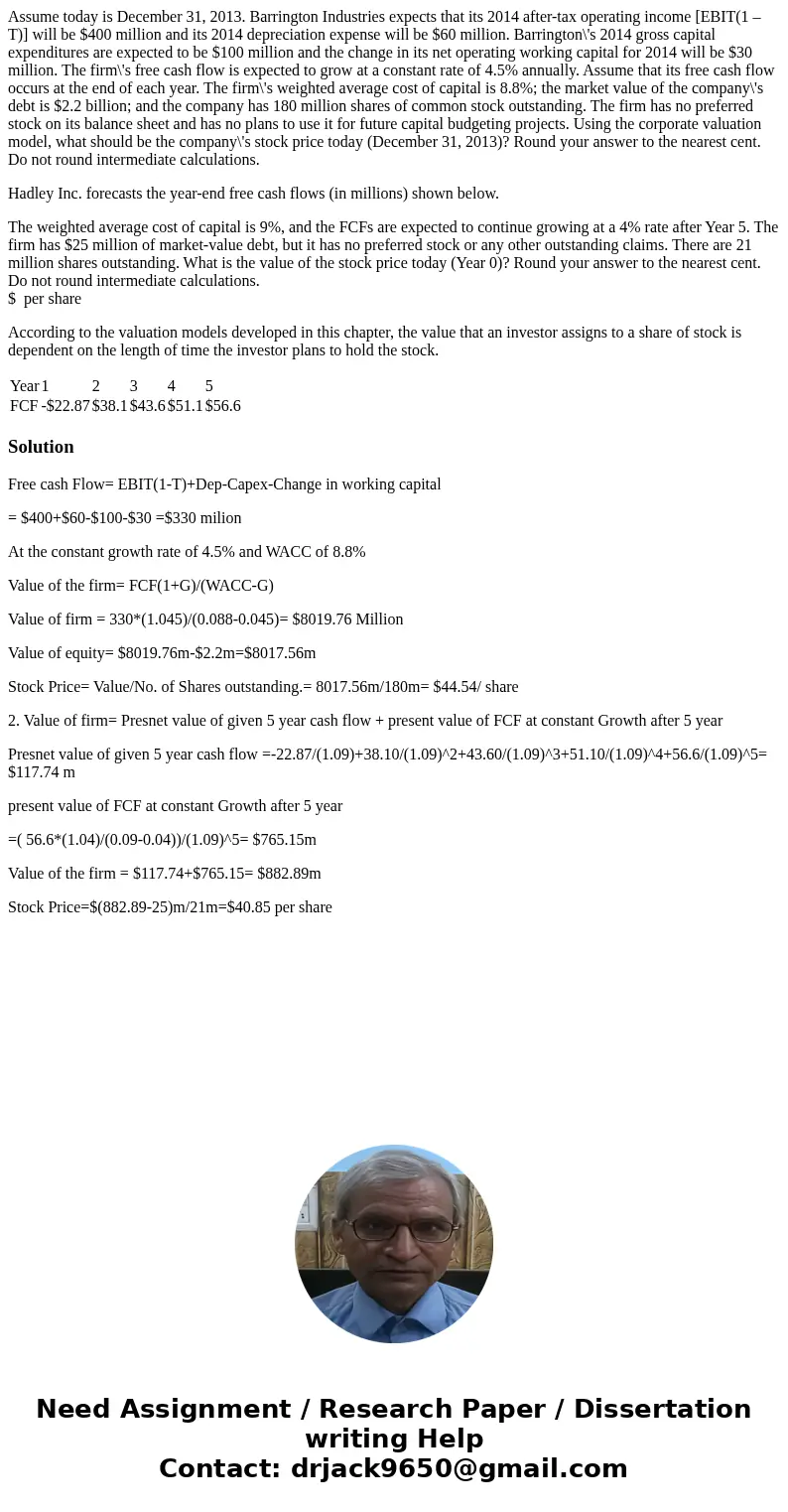 Assume today is December 31, 2013. Barrington Industries expects that its 2014 after-tax operating income [EBIT(1 – T)] will be $400 million and its 2014 deprec