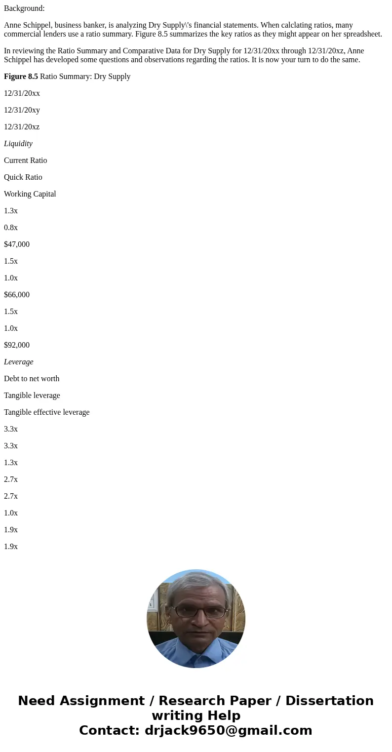 Background: Anne Schippel, business banker, is analyzing Dry Supply\'s financial statements. When calclating ratios, many commercial lenders use a ratio summary Background: Anne Schippel, business banker, is analyzing Dry Supply\'s financial statements. When calclating ratios, many commercial lenders use a ratio summary