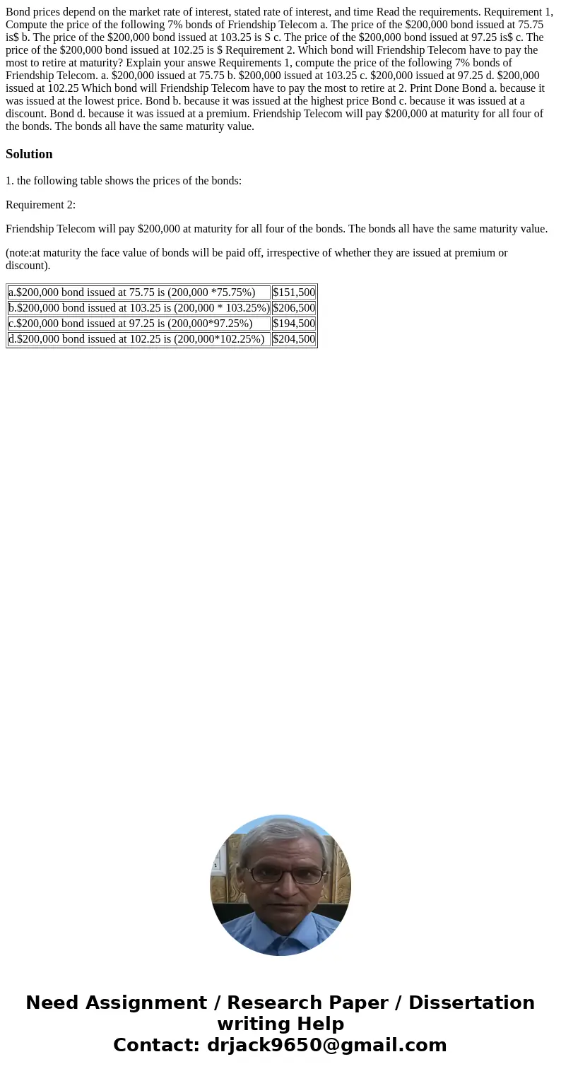  Bond prices depend on the market rate of interest, stated rate of interest, and time Read the requirements. Requirement 1, Compute the price of the following 7