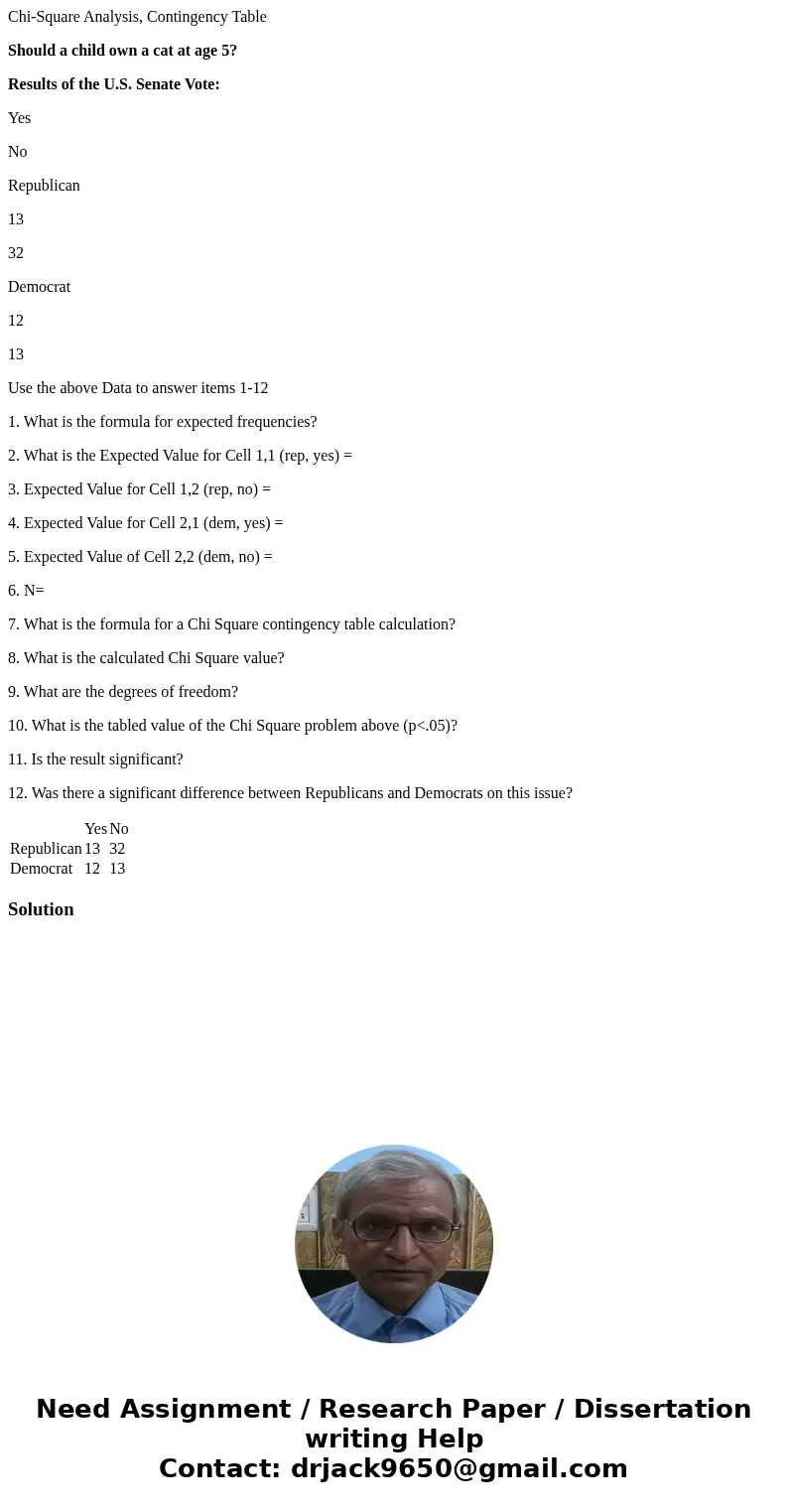 Chi-Square Analysis, Contingency Table Should a child own a cat at age 5? Results of the U.S. Senate Vote: Yes No Republican 13 32 Democrat 12 13 Use the above  Chi-Square Analysis, Contingency Table Should a child own a cat at age 5? Results of the U.S. Senate Vote: Yes No Republican 13 32 Democrat 12 13 Use the above
