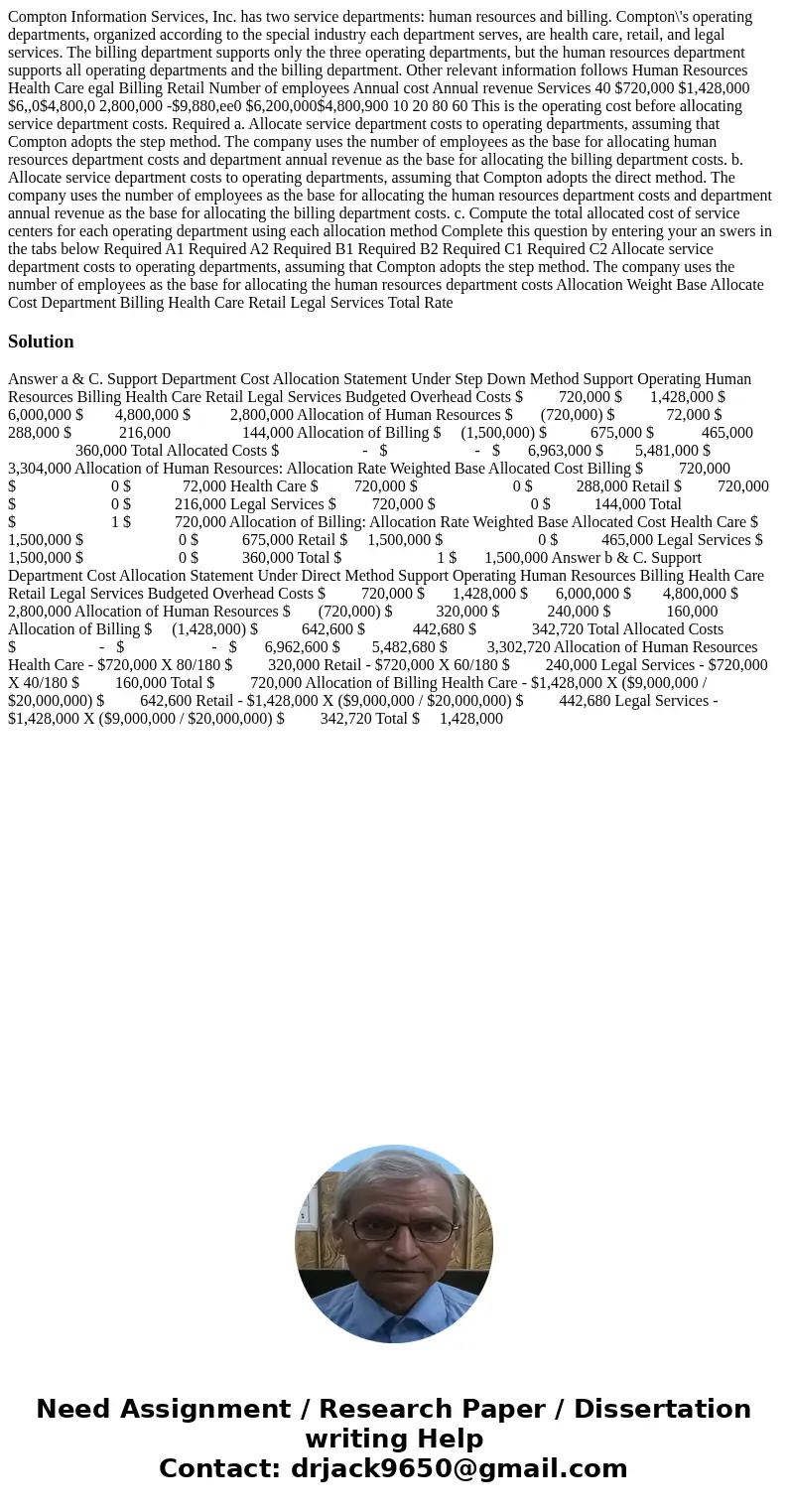  Compton Information Services, Inc. has two service departments: human resources and billing. Compton\'s operating departments, organized according to the speci