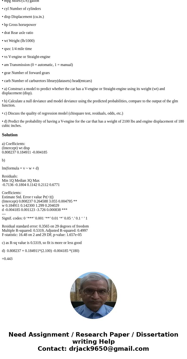 Consider a dataset mtcars. This data has with 32 observations on 11 variables. • mpg Miles/(US) gallon • cyl Number of cylinders • disp Displacement (cu.in.) •  Consider a dataset mtcars. This data has with 32 observations on 11 variables. • mpg Miles/(US) gallon • cyl Number of cylinders • disp Displacement (cu.in.) •