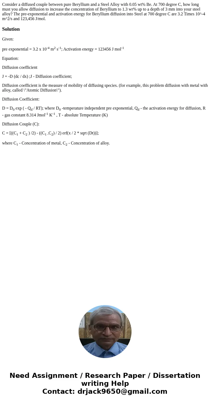 Consider a diffused couple between pure Beryllium and a Steel Alloy with 0.05 wt% Be. At 700 degree C, how long must you allow diffusion to increase the concen  Consider a diffused couple between pure Beryllium and a Steel Alloy with 0.05 wt% Be. At 700 degree C, how long must you allow diffusion to increase the concen
