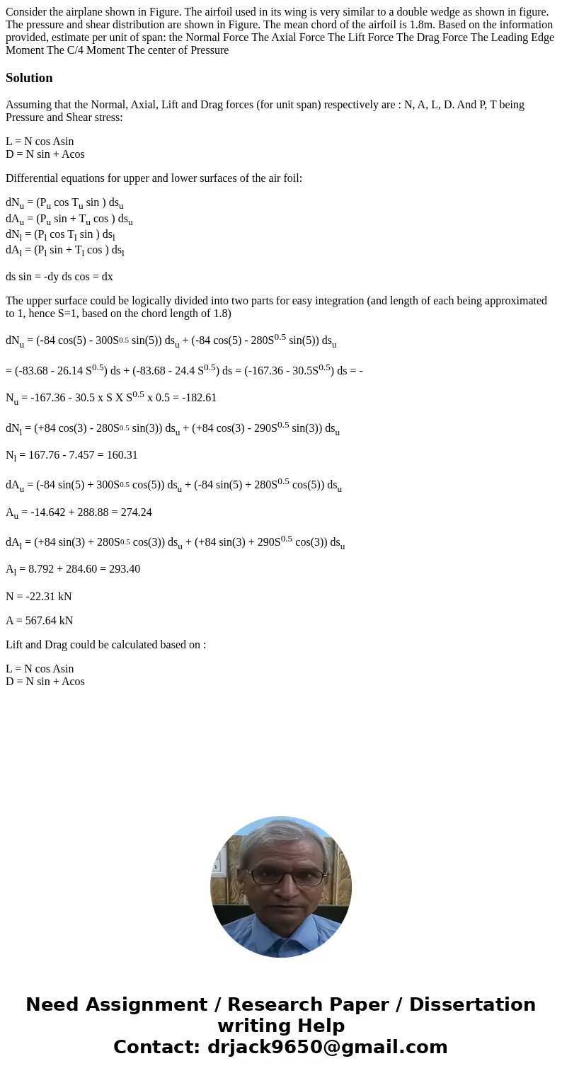 Consider the airplane shown in Figure. The airfoil used in its wing is very similar to a double wedge as shown in figure. The pressure and shear distribution a  Consider the airplane shown in Figure. The airfoil used in its wing is very similar to a double wedge as shown in figure. The pressure and shear distribution a