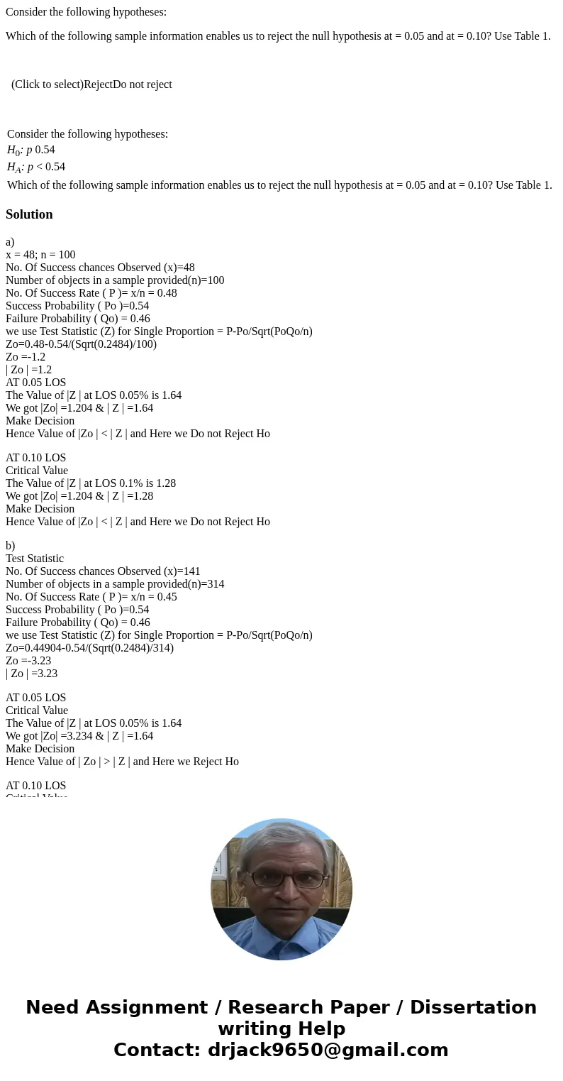 Consider the following hypotheses: Which of the following sample information enables us to reject the null hypothesis at = 0.05 and at = 0.10? Use Table 1. (Cli Consider the following hypotheses: Which of the following sample information enables us to reject the null hypothesis at = 0.05 and at = 0.10? Use Table 1. (Cli