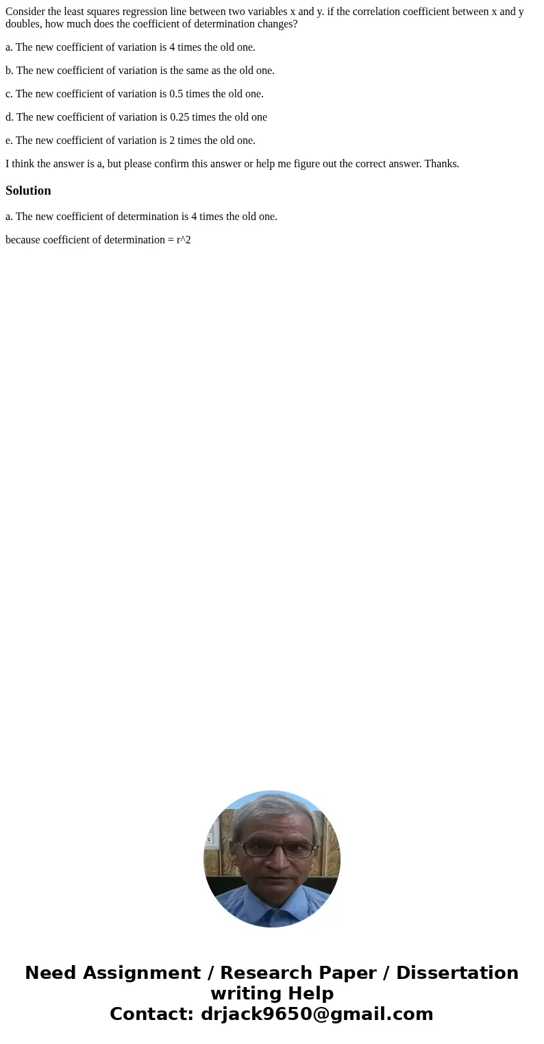 Consider the least squares regression line between two variables x and y. if the correlation coefficient between x and y doubles, how much does the coefficient  Consider the least squares regression line between two variables x and y. if the correlation coefficient between x and y doubles, how much does the coefficient