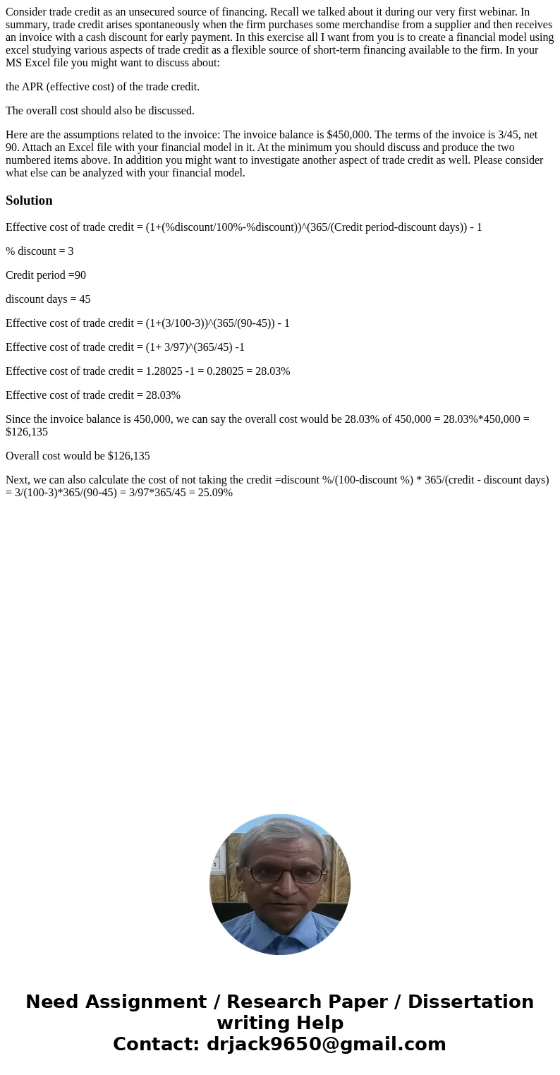 Consider trade credit as an unsecured source of financing. Recall we talked about it during our very first webinar. In summary, trade credit arises spontaneousl Consider trade credit as an unsecured source of financing. Recall we talked about it during our very first webinar. In summary, trade credit arises spontaneousl