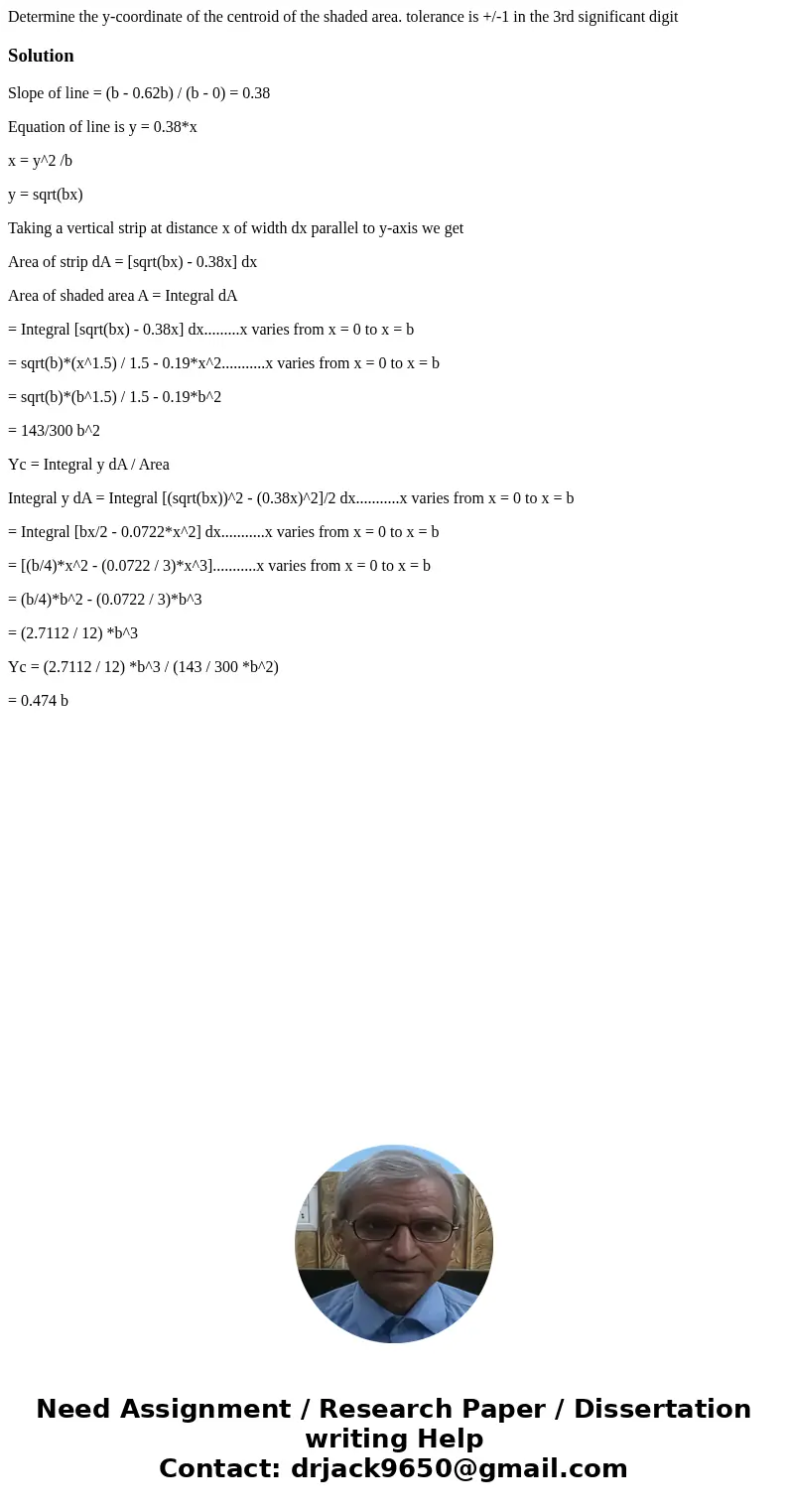 Determine the y-coordinate of the centroid of the shaded area. tolerance is +/-1 in the 3rd significant digitSolutionSlope of line = (b - 0.62b) / (b - 0) = 0.  Determine the y-coordinate of the centroid of the shaded area. tolerance is +/-1 in the 3rd significant digitSolutionSlope of line = (b - 0.62b) / (b - 0) = 0.