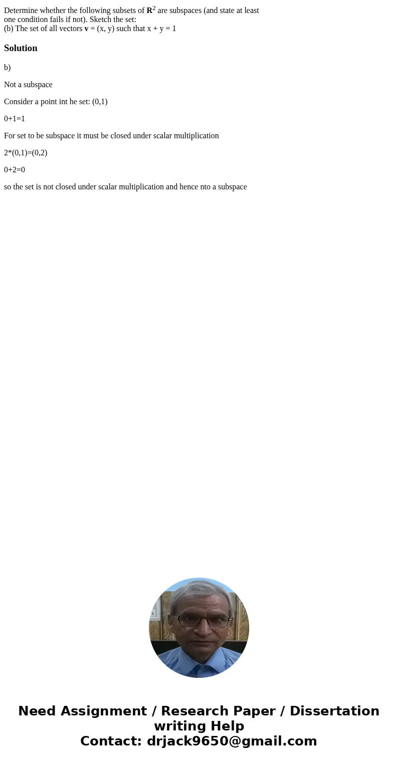 Determine whether the following subsets of R2 are subspaces (and state at least one condition fails if not). Sketch the set: (b) The set of all vectors v = (x,  Determine whether the following subsets of R2 are subspaces (and state at least one condition fails if not). Sketch the set: (b) The set of all vectors v = (x,