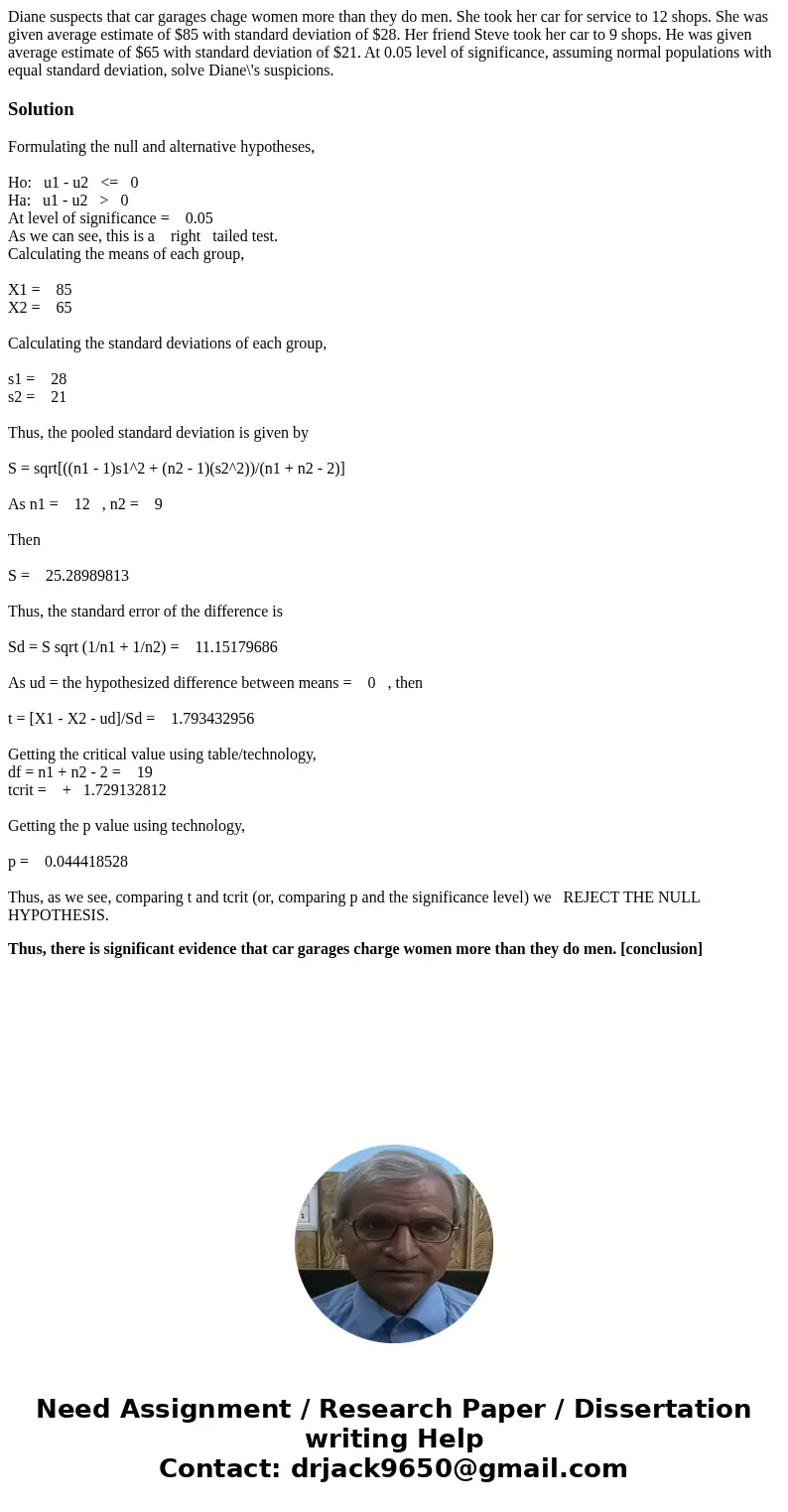 Diane suspects that car garages chage women more than they do men. She took her car for service to 12 shops. She was given average estimate of $85 with standard Diane suspects that car garages chage women more than they do men. She took her car for service to 12 shops. She was given average estimate of $85 with standard