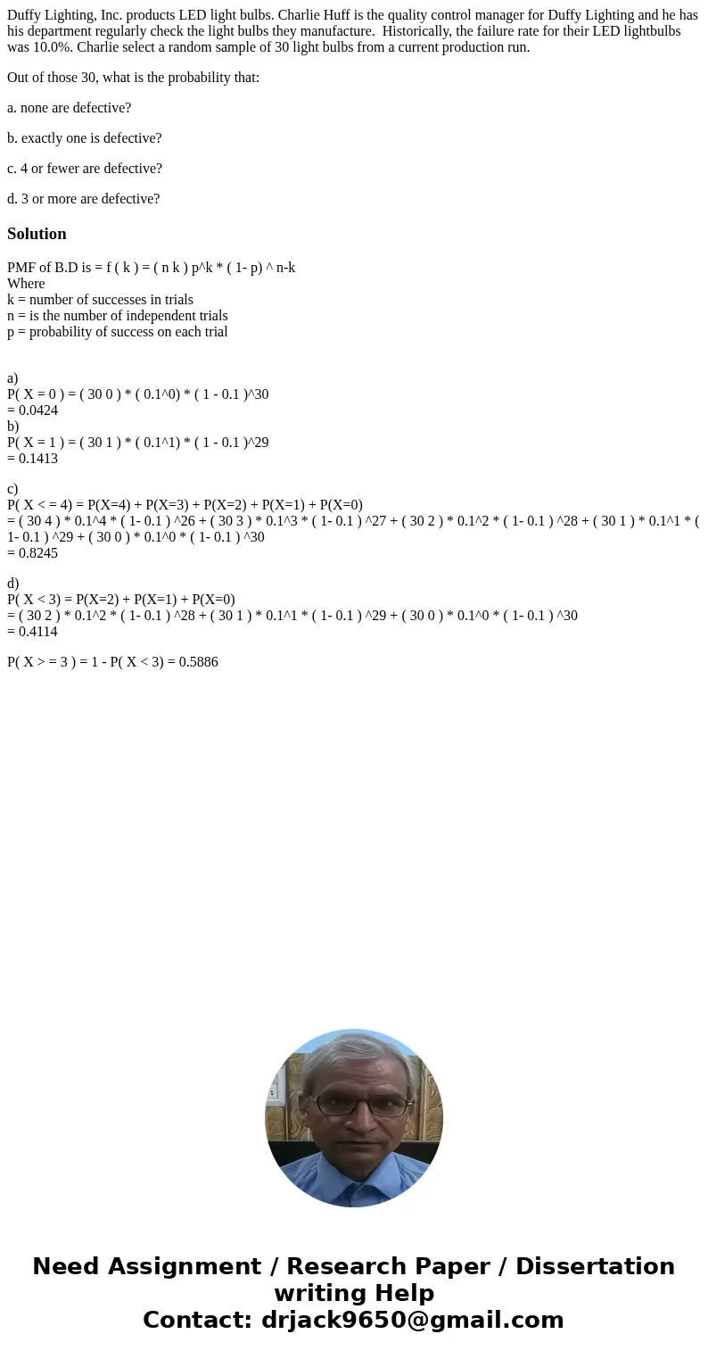 Duffy Lighting, Inc. products LED light bulbs. Charlie Huff is the quality control manager for Duffy Lighting and he has his department regularly check the ligh Duffy Lighting, Inc. products LED light bulbs. Charlie Huff is the quality control manager for Duffy Lighting and he has his department regularly check the ligh