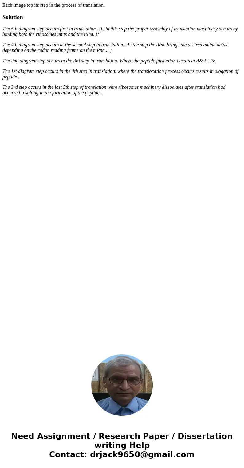 Each image top its step in the process of translation. SolutionThe 5th diagram step occurs first in translation.. As in this step the proper assembly of transl  Each image top its step in the process of translation. SolutionThe 5th diagram step occurs first in translation.. As in this step the proper assembly of transl