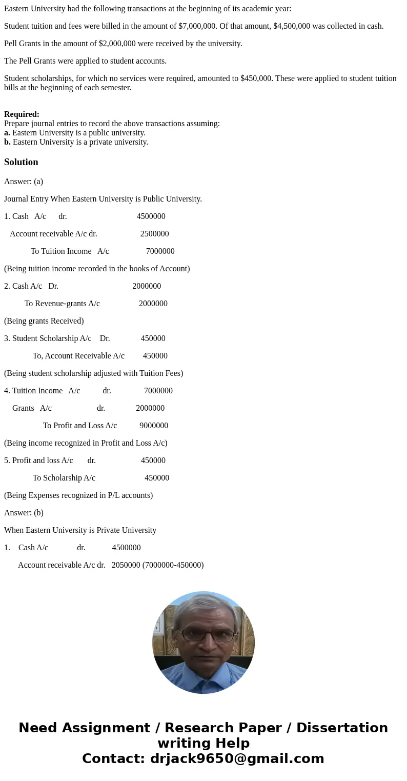 Eastern University had the following transactions at the beginning of its academic year: Student tuition and fees were billed in the amount of $7,000,000. Of th Eastern University had the following transactions at the beginning of its academic year: Student tuition and fees were billed in the amount of $7,000,000. Of th