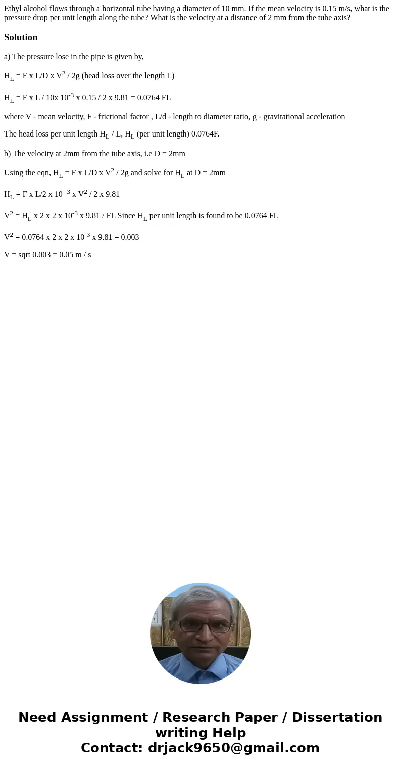  Ethyl alcohol flows through a horizontal tube having a diameter of 10 mm. If the mean velocity is 0.15 m/s, what is the pressure drop per unit length along the