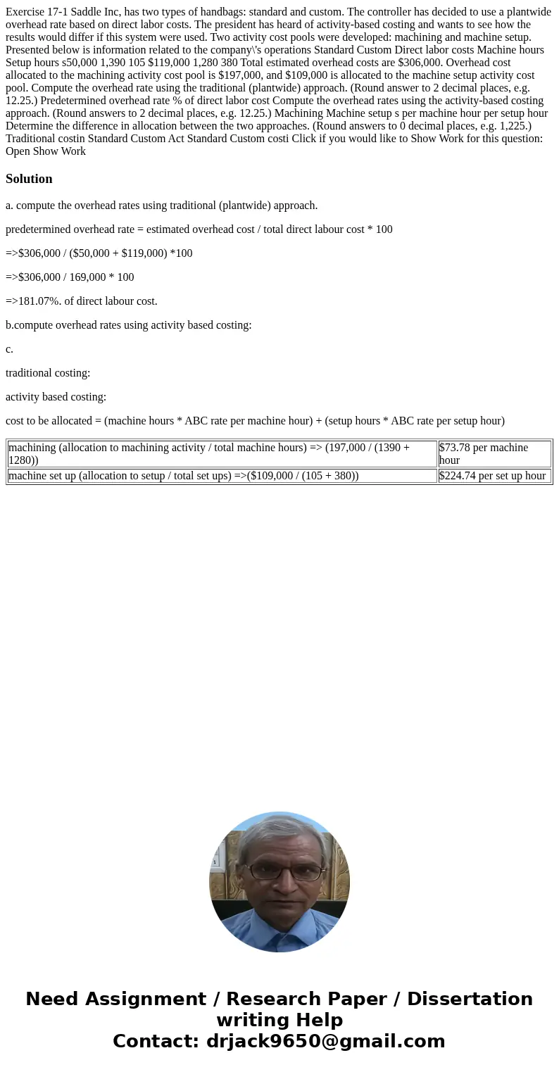 Exercise 17-1 Saddle Inc, has two types of handbags: standard and custom. The controller has decided to use a plantwide overhead rate based on direct labor cos  Exercise 17-1 Saddle Inc, has two types of handbags: standard and custom. The controller has decided to use a plantwide overhead rate based on direct labor cos