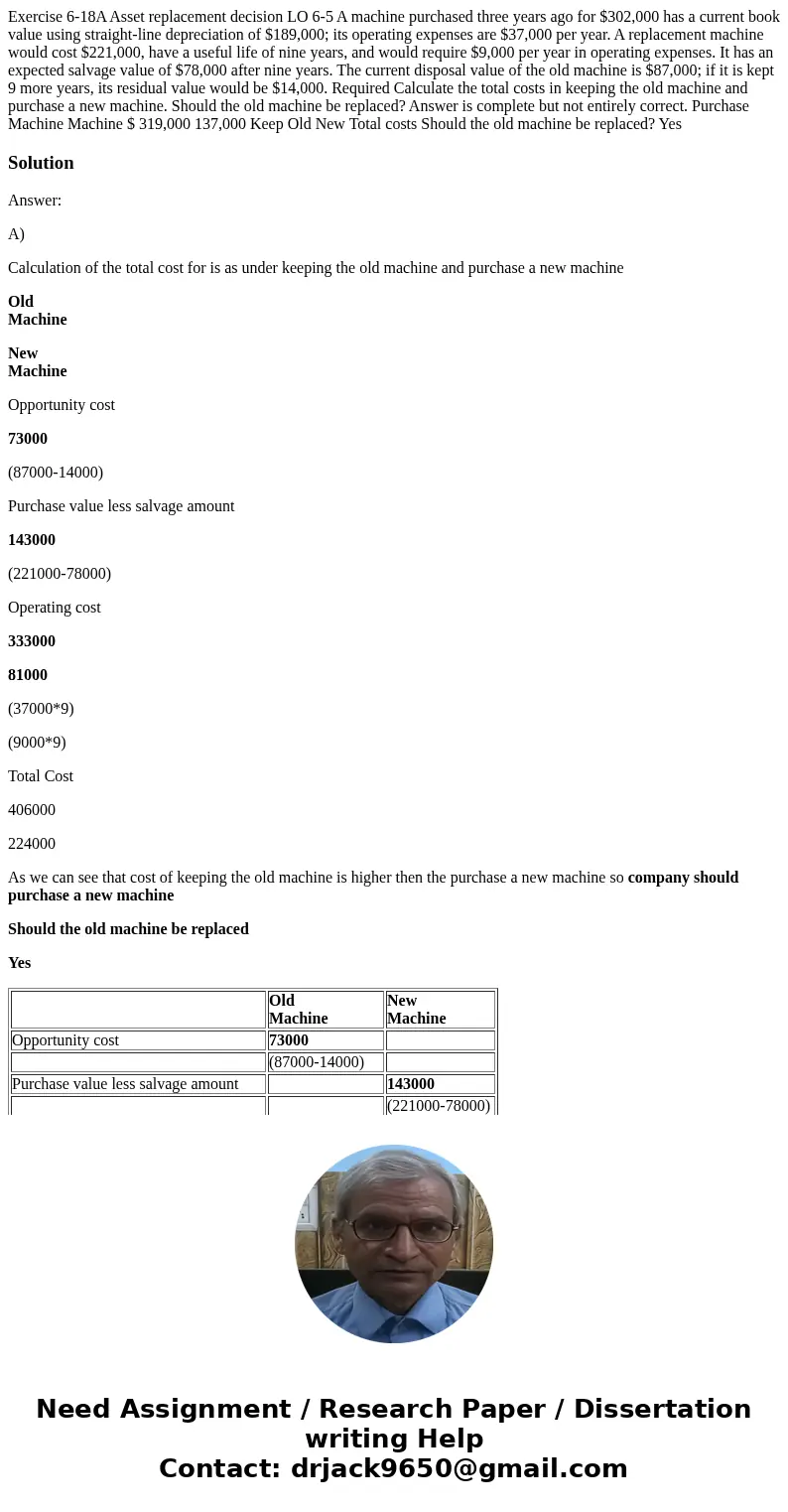Exercise 6-18A Asset replacement decision LO 6-5 A machine purchased three years ago for $302,000 has a current book value using straight-line depreciation of   Exercise 6-18A Asset replacement decision LO 6-5 A machine purchased three years ago for $302,000 has a current book value using straight-line depreciation of