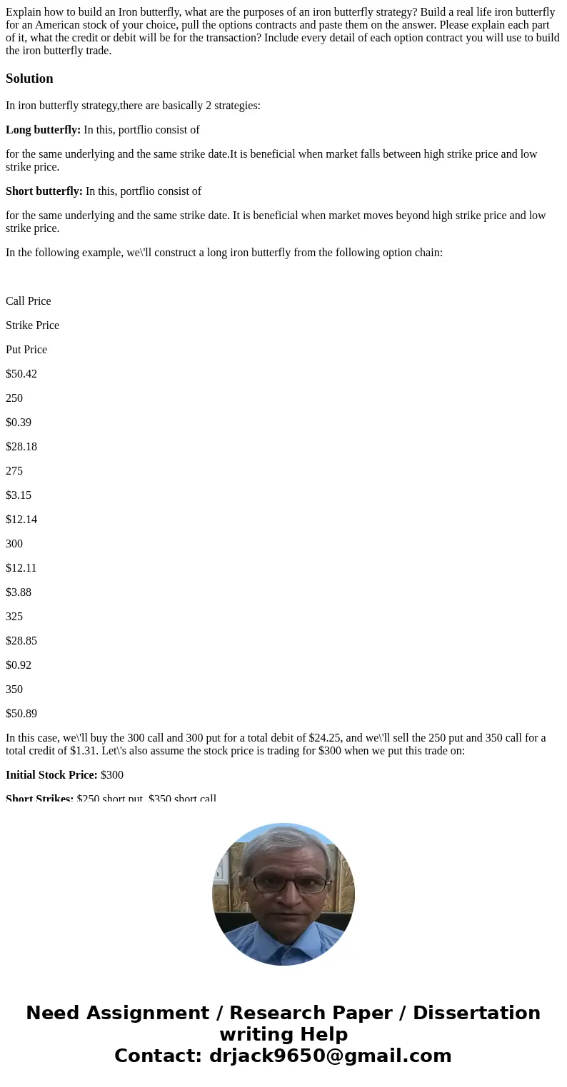 Explain how to build an Iron butterfly, what are the purposes of an iron butterfly strategy? Build a real life iron butterfly for an American stock of your choi Explain how to build an Iron butterfly, what are the purposes of an iron butterfly strategy? Build a real life iron butterfly for an American stock of your choi