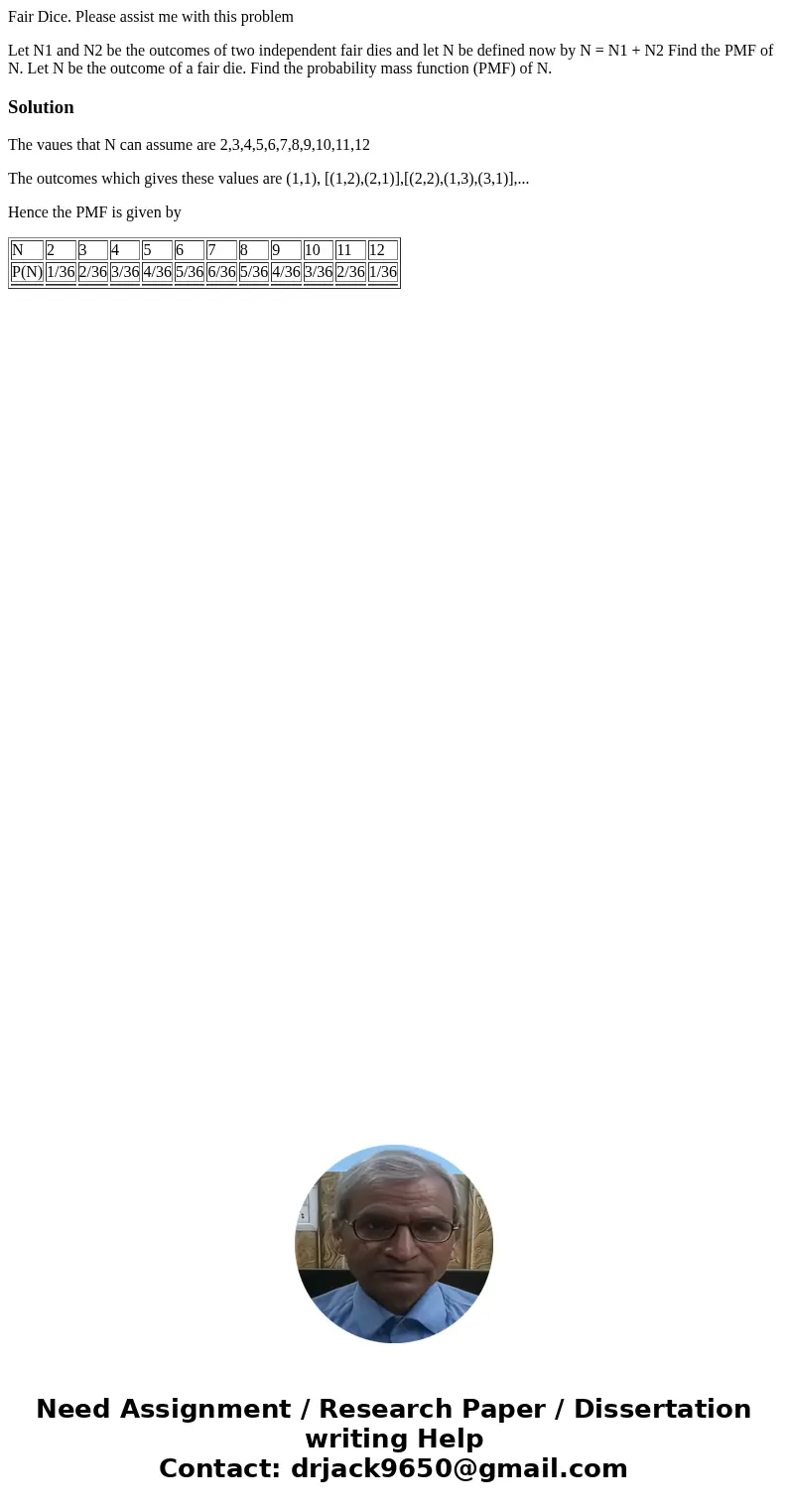 Fair Dice. Please assist me with this problem Let N1 and N2 be the outcomes of two independent fair dies and let N be defined now by N = N1 + N2 Find the PMF of Fair Dice. Please assist me with this problem Let N1 and N2 be the outcomes of two independent fair dies and let N be defined now by N = N1 + N2 Find the PMF of