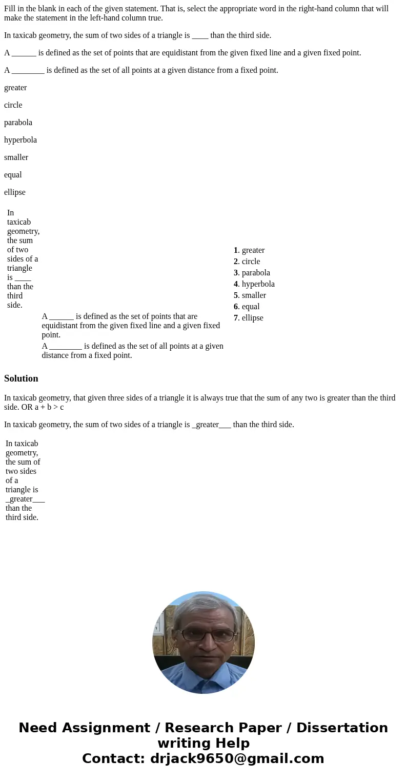 Fill in the blank in each of the given statement. That is, select the appropriate word in the right-hand column that will make the statement in the left-hand co Fill in the blank in each of the given statement. That is, select the appropriate word in the right-hand column that will make the statement in the left-hand co
