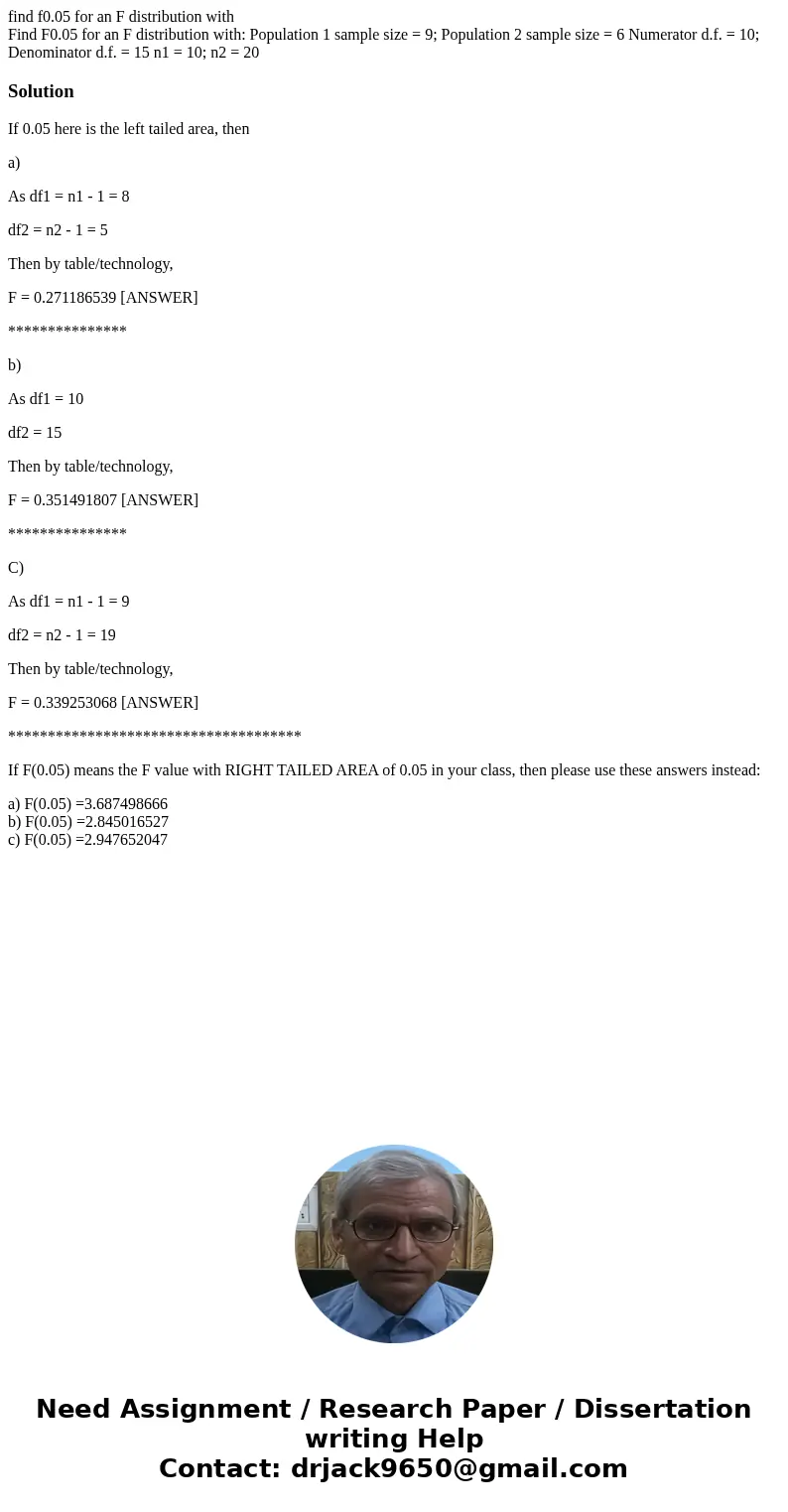find f0.05 for an F distribution with Find F0.05 for an F distribution with: Population 1 sample size = 9; Population 2 sample size = 6 Numerator d.f. = 10; Den find f0.05 for an F distribution with Find F0.05 for an F distribution with: Population 1 sample size = 9; Population 2 sample size = 6 Numerator d.f. = 10; Den