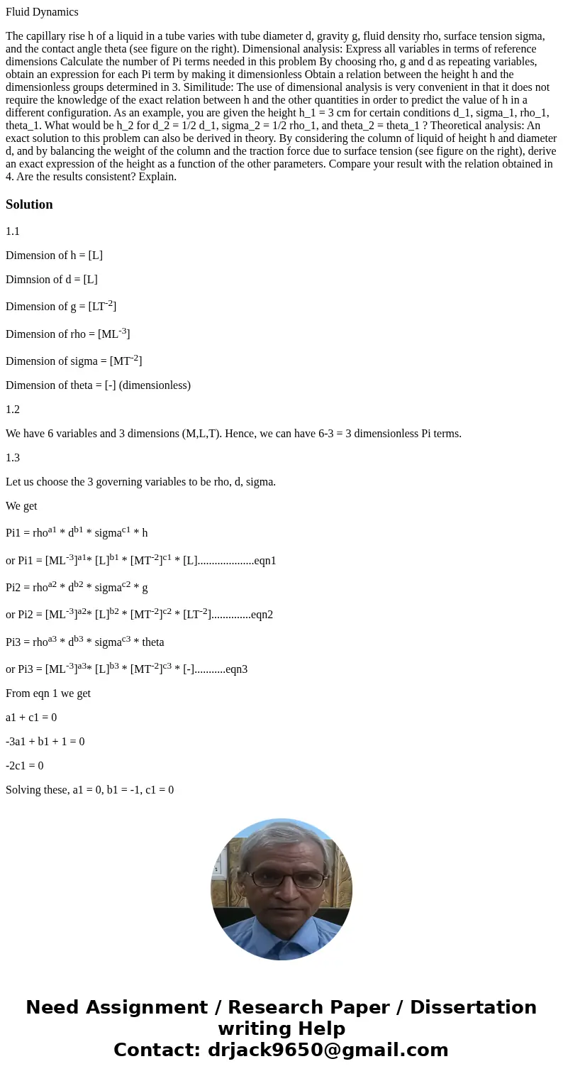 Fluid Dynamics The capillary rise h of a liquid in a tube varies with tube diameter d, gravity g, fluid density rho, surface tension sigma, and the contact angl Fluid Dynamics The capillary rise h of a liquid in a tube varies with tube diameter d, gravity g, fluid density rho, surface tension sigma, and the contact angl