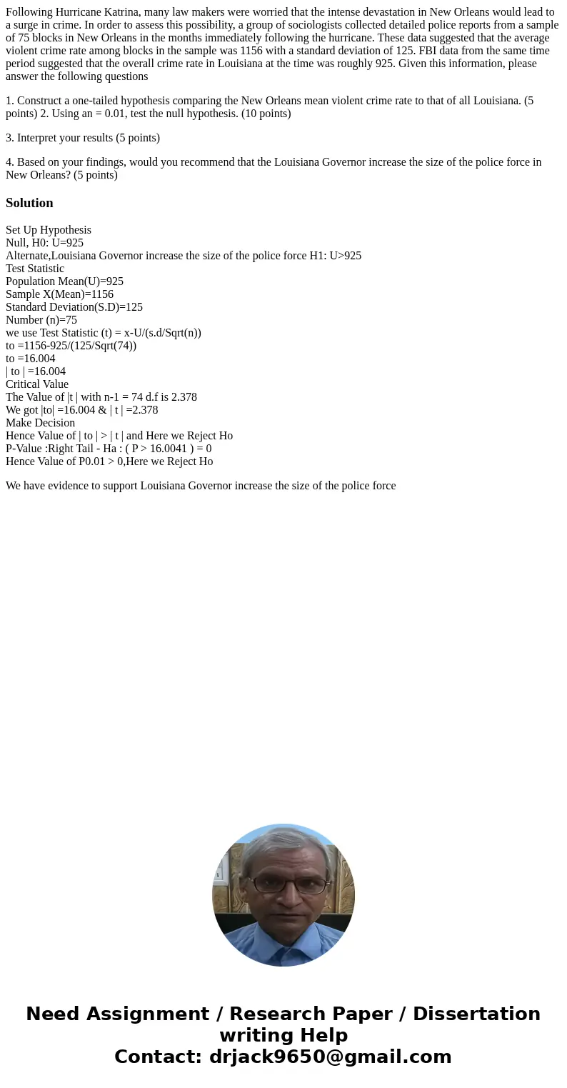 Following Hurricane Katrina, many law makers were worried that the intense devastation in New Orleans would lead to a surge in crime. In order to assess this po Following Hurricane Katrina, many law makers were worried that the intense devastation in New Orleans would lead to a surge in crime. In order to assess this po