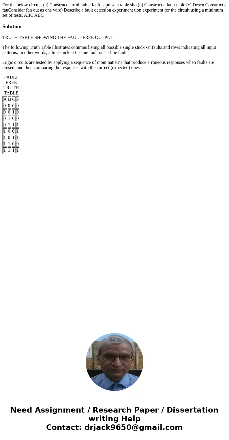  For the below circuit. (a) Construct a truth table fault is present table sho (b) Construct a fault table (c) Descn Construct a fauConsider fan out as one wire