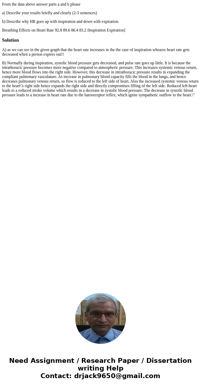 From the data above answer parts a and b please a) Describe your results briefly and clearly (2-3 sentences) b) Describe why HR goes up with inspiration and dow From the data above answer parts a and b please a) Describe your results briefly and clearly (2-3 sentences) b) Describe why HR goes up with inspiration and dow