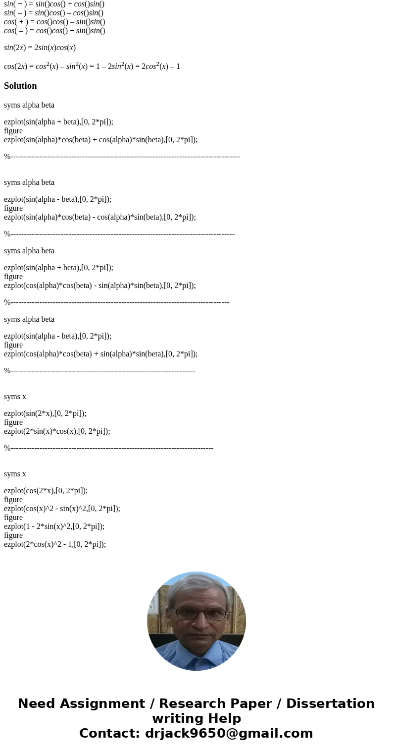Generate a MATLAB code to confirm the trigonometry identities(you can use the graph as a way prove the identity) that are mentioned in class The alpha and Beta 
