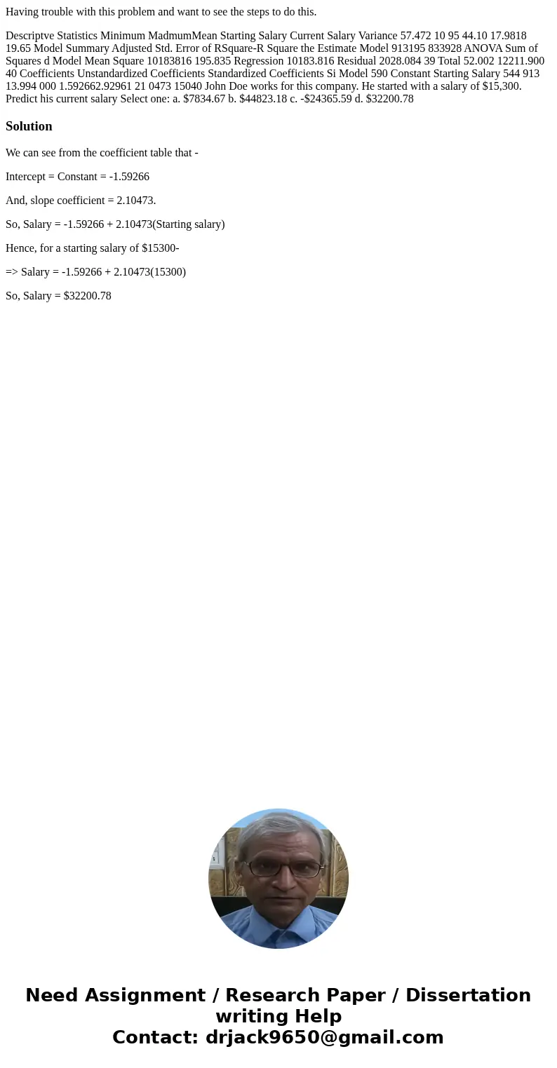 Having trouble with this problem and want to see the steps to do this. Descriptve Statistics Minimum MadmumMean Starting Salary Current Salary Variance 57.472 1 Having trouble with this problem and want to see the steps to do this. Descriptve Statistics Minimum MadmumMean Starting Salary Current Salary Variance 57.472 1