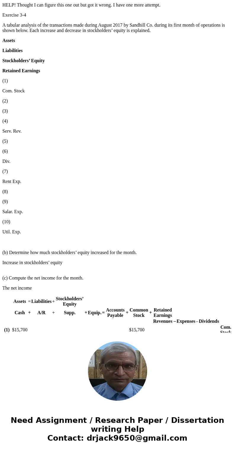 HELP! Thought I can figure this one out but got it wrong. I have one more attempt. Exercise 3-4 A tabular analysis of the transactions made during August 2017 b