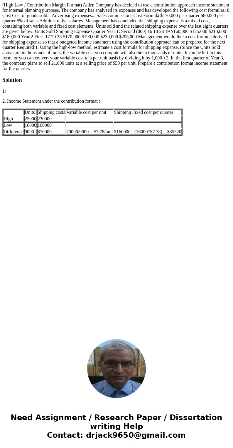 (High Low / Contribution Margin Format) Alden Company has decided to use a contribution approach income statement for internal planning purposes. The company h  (High Low / Contribution Margin Format) Alden Company has decided to use a contribution approach income statement for internal planning purposes. The company h