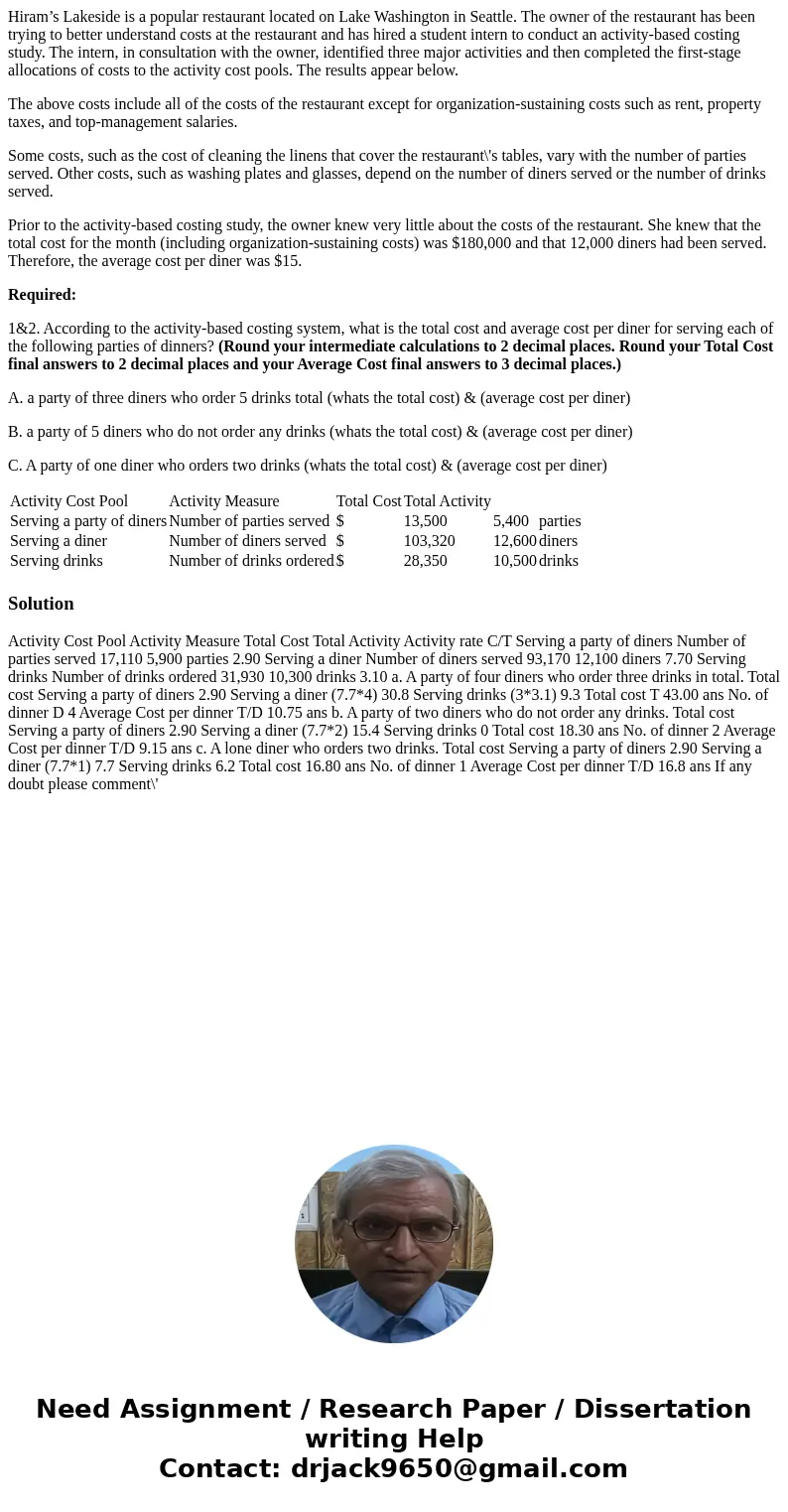 Hiram’s Lakeside is a popular restaurant located on Lake Washington in Seattle. The owner of the restaurant has been trying to better understand costs at the re