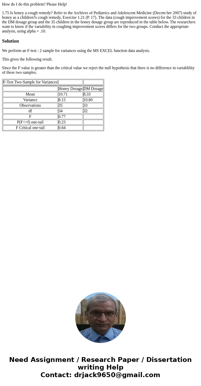 How do I do this problem? Please Help! 1.75 Is honey a cough remedy? Refer to the Archives of Pediatrics and Adolescent Medicine (Decem ber 2007) study of honey How do I do this problem? Please Help! 1.75 Is honey a cough remedy? Refer to the Archives of Pediatrics and Adolescent Medicine (Decem ber 2007) study of honey