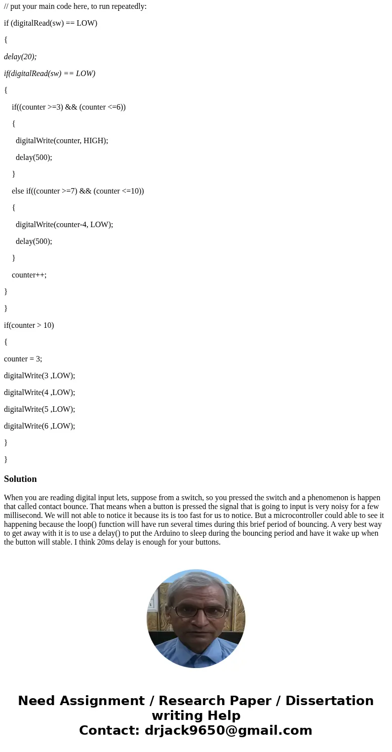 I have an arduino code here and I am fairly new with the code. what is the 20ms delay before the digital read accomplishing? void loop() { // put your main code I have an arduino code here and I am fairly new with the code. what is the 20ms delay before the digital read accomplishing? void loop() { // put your main code
