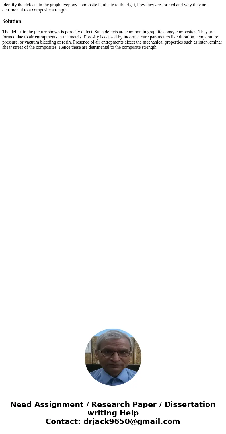 Identify the defects in the graphite/epoxy composite laminate to the right, how they are formed and why they are detrimental to a composite strength. SolutionT  Identify the defects in the graphite/epoxy composite laminate to the right, how they are formed and why they are detrimental to a composite strength. SolutionT