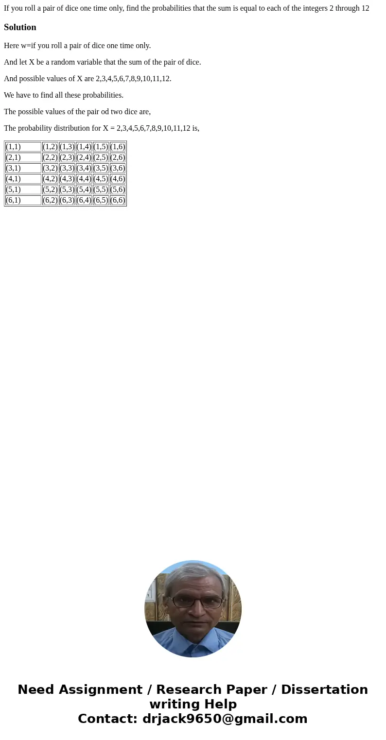 If you roll a pair of dice one time only, find the probabilities that the sum is equal to each of the integers 2 through 12SolutionHere w=if you roll a pair of  If you roll a pair of dice one time only, find the probabilities that the sum is equal to each of the integers 2 through 12SolutionHere w=if you roll a pair of