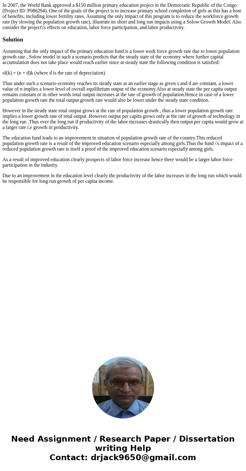 In 2007, the World Bank approved a $150 million primary education project in the Democratic Republic of the Congo (Project ID: P086294). One of the goals of the In 2007, the World Bank approved a $150 million primary education project in the Democratic Republic of the Congo (Project ID: P086294). One of the goals of the