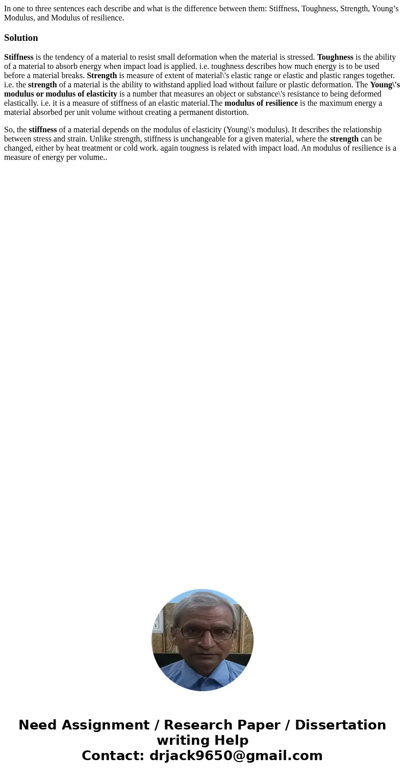 In one to three sentences each describe and what is the difference between them: Stiffness, Toughness, Strength, Young’s Modulus, and Modulus of resilience.Solu In one to three sentences each describe and what is the difference between them: Stiffness, Toughness, Strength, Young’s Modulus, and Modulus of resilience.Solu