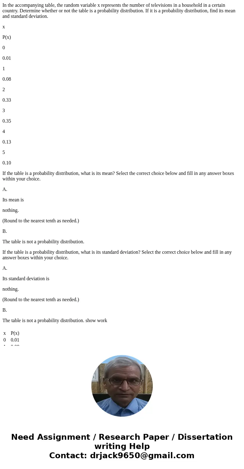 In the accompanying table, the random variable x represents the number of televisions in a household in a certain country. Determine whether or not the table is In the accompanying table, the random variable x represents the number of televisions in a household in a certain country. Determine whether or not the table is