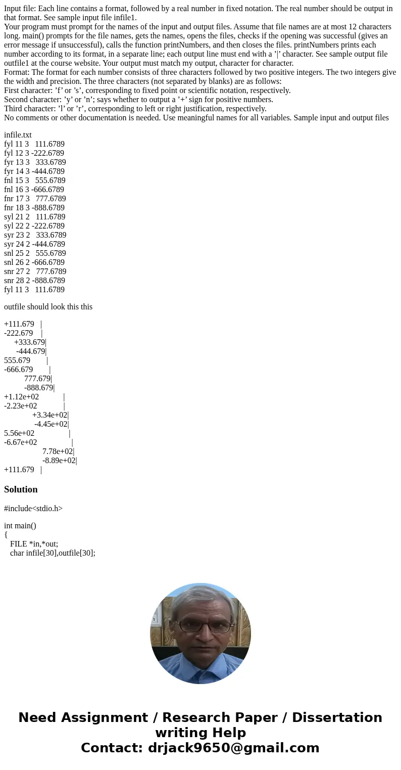 Input file: Each line contains a format, followed by a real number in fixed notation. The real number should be output in that format. See sample input file inf Input file: Each line contains a format, followed by a real number in fixed notation. The real number should be output in that format. See sample input file inf