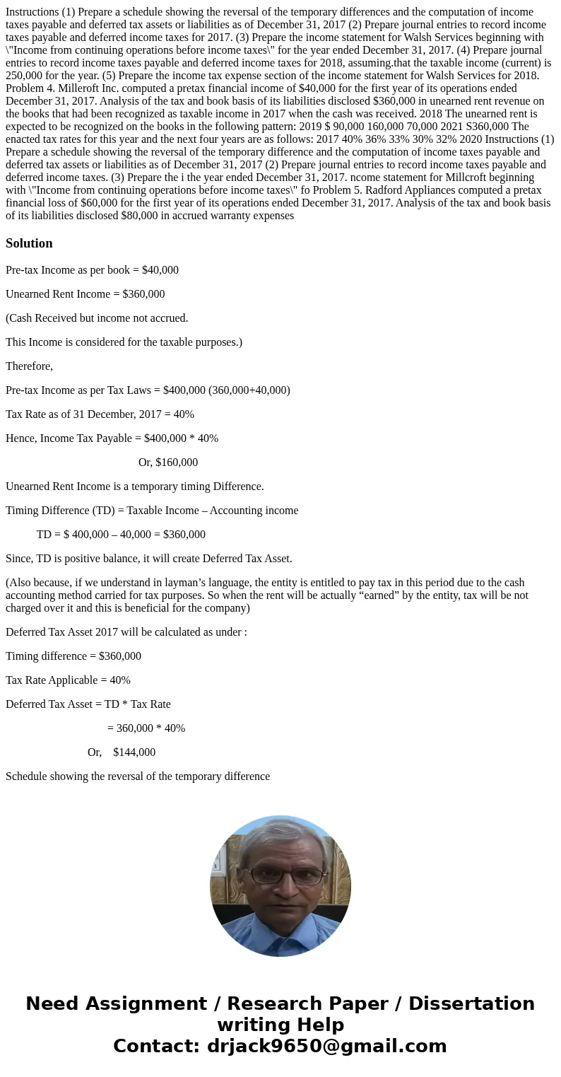 Instructions (1) Prepare a schedule showing the reversal of the temporary differences and the computation of income taxes payable and deferred tax assets or li  Instructions (1) Prepare a schedule showing the reversal of the temporary differences and the computation of income taxes payable and deferred tax assets or li