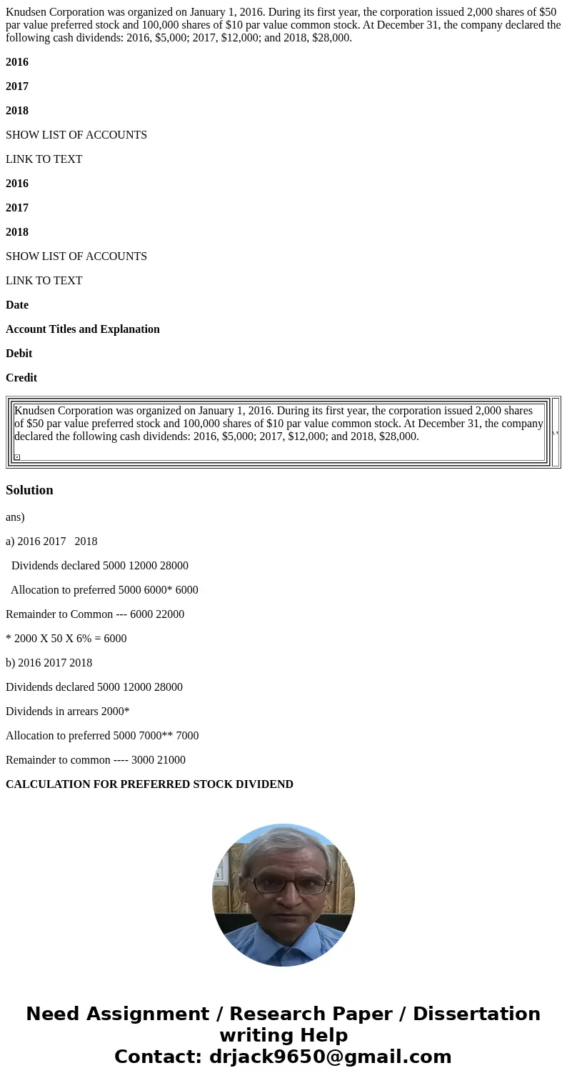 Knudsen Corporation was organized on January 1, 2016. During its first year, the corporation issued 2,000 shares of $50 par value preferred stock and 100,000 sh