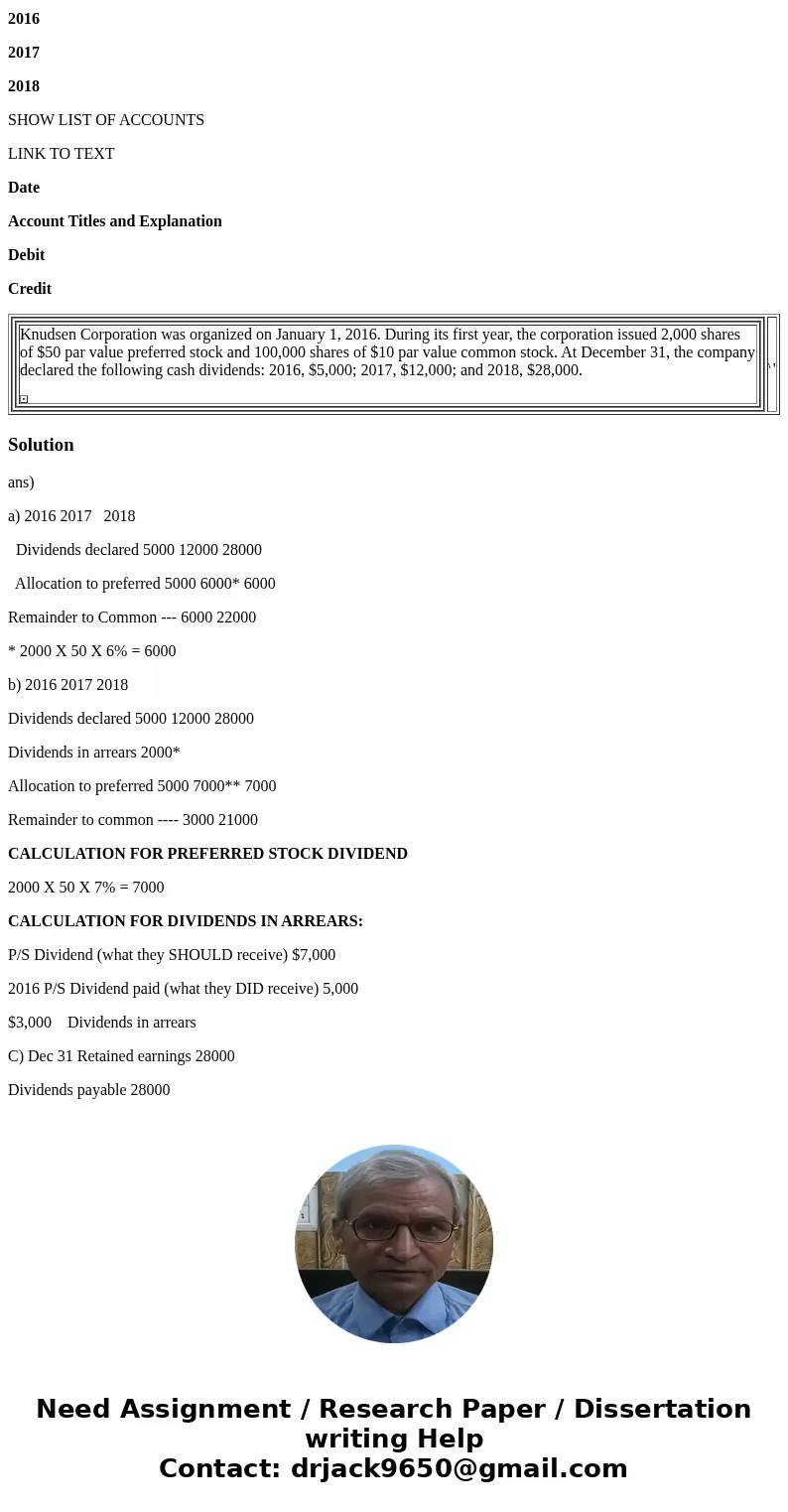 Knudsen Corporation was organized on January 1, 2016. During its first year, the corporation issued 2,000 shares of $50 par value preferred stock and 100,000 sh