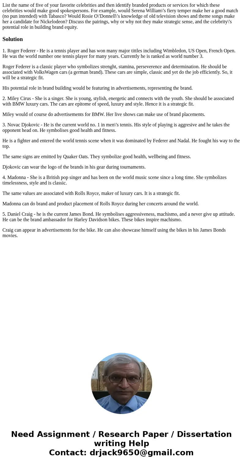 List the name of five of your favorite celebrities and then identify branded products or services for which these celebrities would make good spokespersons. For List the name of five of your favorite celebrities and then identify branded products or services for which these celebrities would make good spokespersons. For