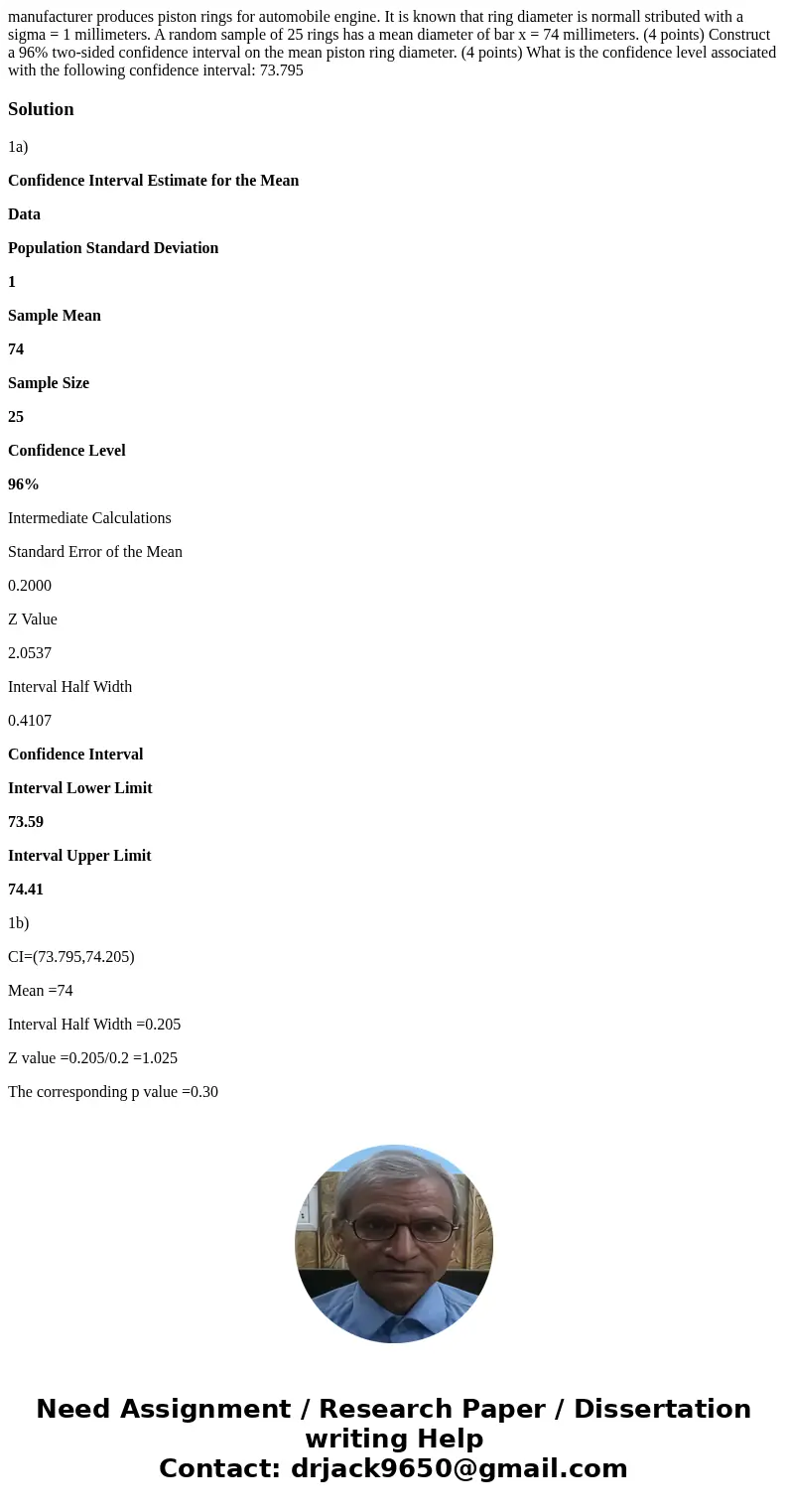  manufacturer produces piston rings for automobile engine. It is known that ring diameter is normall stributed with a sigma = 1 millimeters. A random sample of 