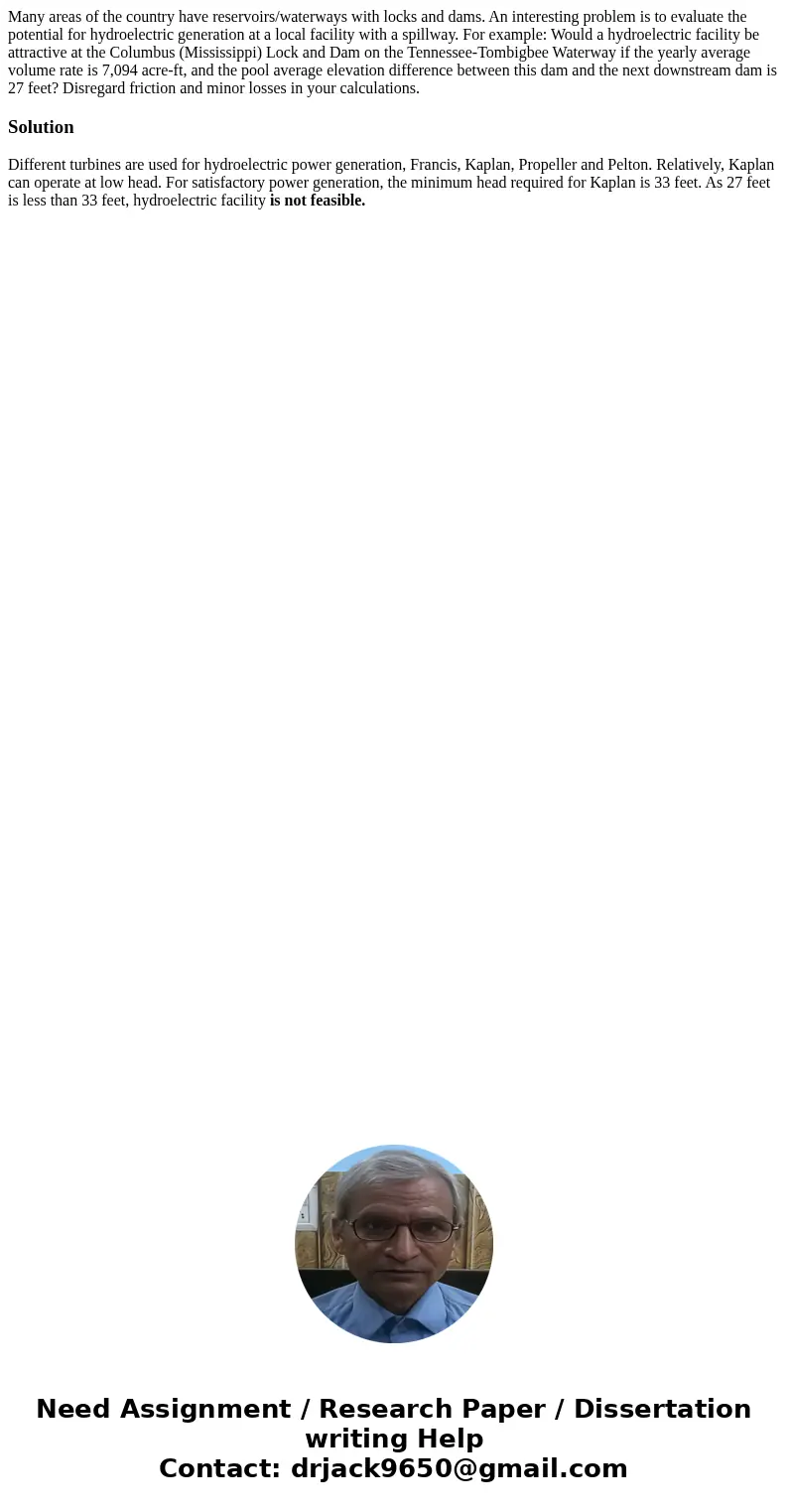 Many areas of the country have reservoirs/waterways with locks and dams. An interesting problem is to evaluate the potential for hydroelectric generation at a l Many areas of the country have reservoirs/waterways with locks and dams. An interesting problem is to evaluate the potential for hydroelectric generation at a l